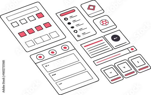 A collection of hand drawn wireframe sketches representing various user interface elements and application layouts in a modern flat design style