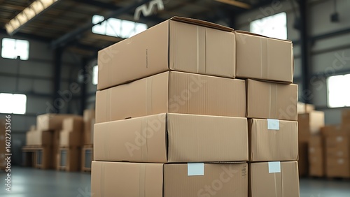 A stack of cardboard boxes in a warehouse setting, featuring muted tones and subtle lighting.