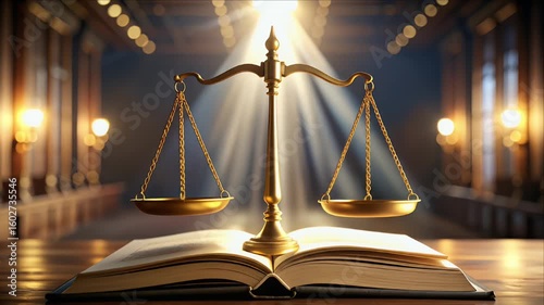 Golden scales of justice over an open book in a courtroom setting