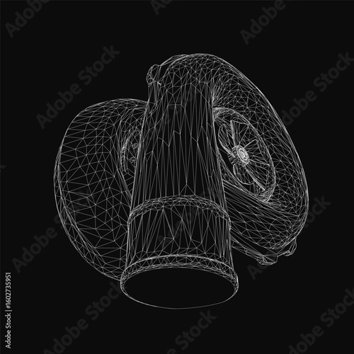 A black and white turbocharger drawing features intricate turbine details with precise contour lines highlighting its complex curves. The mechanical design stands out against a dark background,.