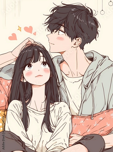 K-Pop Romance Korean Manga Illustration of a Young Couple Hanging Out	