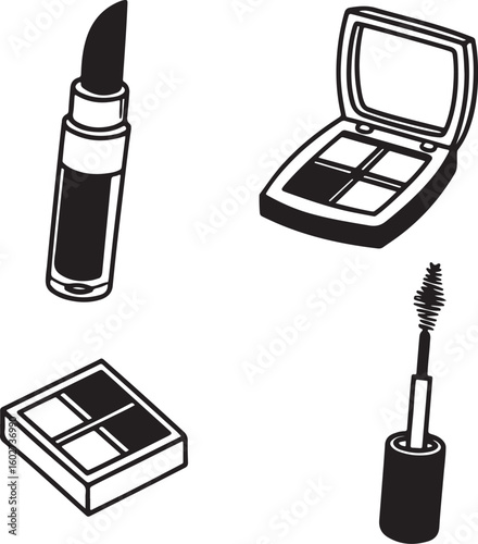 A group of essential makeup items, including lipstick, mascara, and compact, shown in a hand-drawn style.