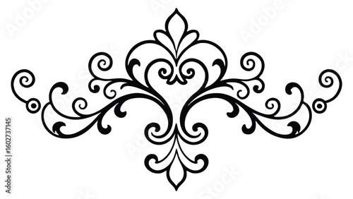 Elegant black ornamental flourish with swirling curves and symmetrical floral elements perfect for decorative borders and vintage design accents