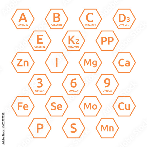 vitamin and mineral complex for human health icons set, micro and macro elements