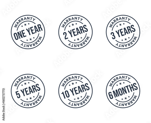 1, 2, 3, 5, 10 years warranty icon set, 6 months warranty label