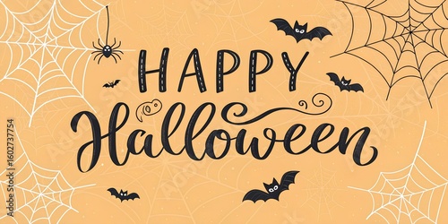  Hand-Drawn Happy Halloween Calligraphy with Cute Pumpkin and Bat Illustration