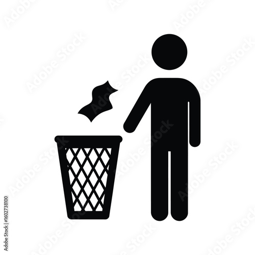  Man disposing trash in bin, garbage disposal icon, waste management and recycling symbol