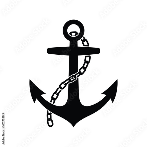 Heavy ship anchor with chain, nautical marine symbol, maritime safety equipment icon