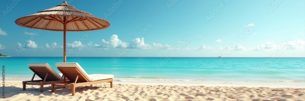 Obraz premium Beach umbrella and two empty sun loungers on a tropical sandy beach with turquoise ocean water. Summer holiday vacation and travel concept. banner