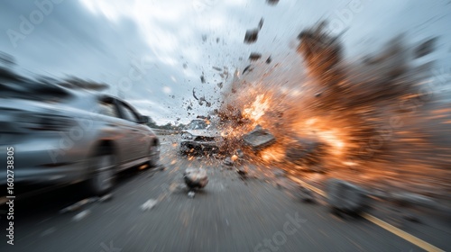 High-speed crash captured mid-motion, with debris flying and motion blur