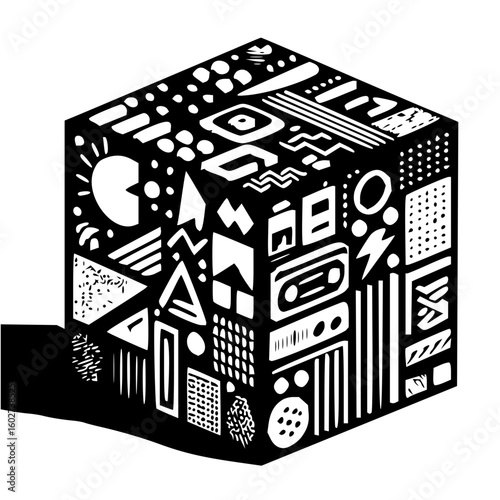 Isometric cube covered with abstract white graphic elements on black background with shadow casting to the left