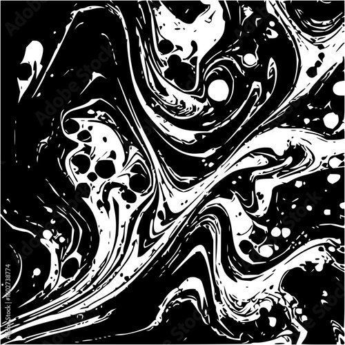 Abstract black and white liquid marble pattern with swirls and spots creating a dynamic design