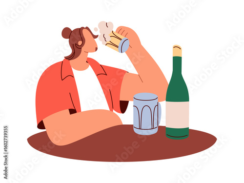 Man drinking beer illustration. Side view of man with short hair drinking beer while sitting at the bar. Cartoon style, flat vector isolated on white background
