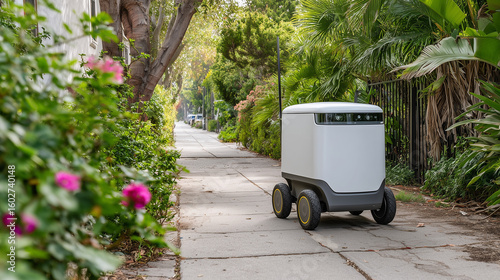 This Robotic glides along a landscaped walkway in a suburban area, performing last-mile delivery.