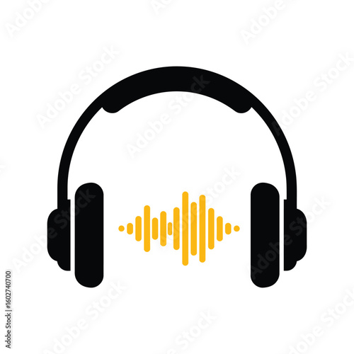 Headphones with Orange Sound Waves Vector, Music Audio Equalizer, DJ Live Concert Symbol