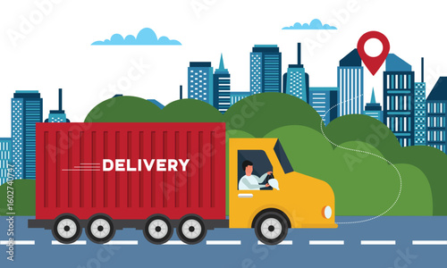 Delivery services and logistics. Truck with man is carrying parcels on points. Concept online map, tracking, service