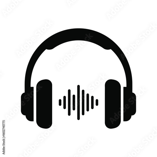 Headphones with Black Sound Waves Vector, Music Audio Equalizer, DJ Live Concert Symbol