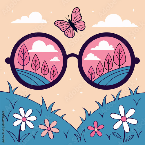 Pink butterfly flutters above glasses reflecting tree and cloud scenery in nature