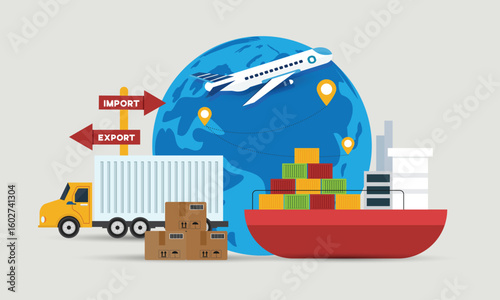Global logistic distribution service illustration concept. Cargo export and import logistics business concept