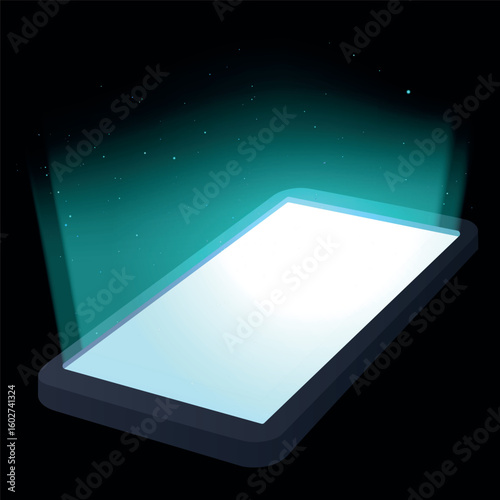 Realistic smartphone mockup with blank white glowing screen.