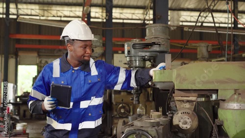 Worker or engineer checking machine and working on tablet in the factory