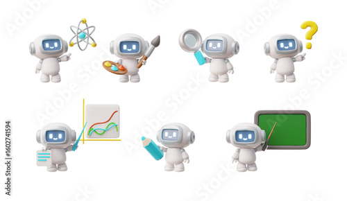 Chatbot robot realistic 3D vector set, render Artificial intelligence technology in science, art, education, business