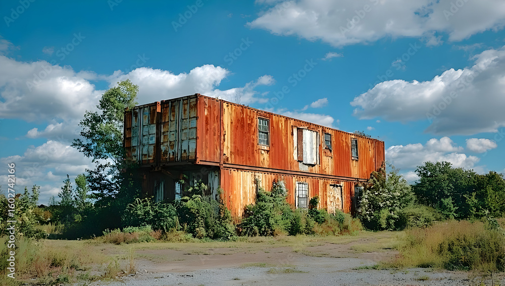Obraz premium An old, rusted container building surrounded by greenery, showcasing the beauty of decay and nature's resilience under a vibrant blue sky.