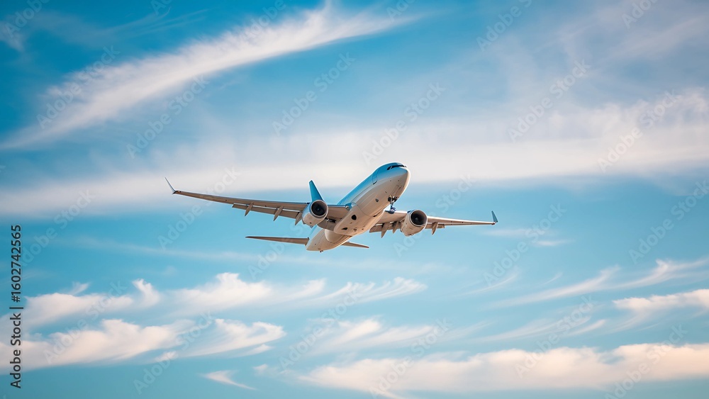 Fototapeta premium Airplane flying in a clear blue sky with scattered white clouds during daytime in a scenic view