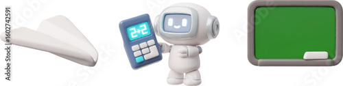 3D vector set, chatbot with calculator, school board, paper airplane. Online education technology.