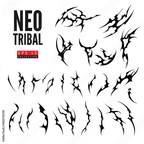 Neo tribal, cyber sigilism design vector collection, gothic ornament swirl sharp shape, abstract horn black patterns set
