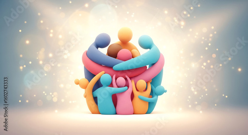 Abstract 3D figures embracing in a circle, symbolizing global peace, unity, compassion, and human connection for a harmonious future.