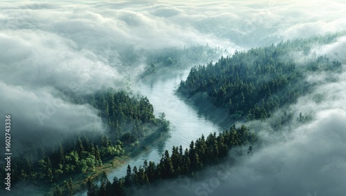 Misty river valley, dense forest, aerial view