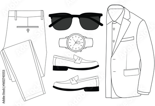 Elegant Male Outfit Collection - Blazer, Loafers, Trousers, and Accessories vector Illustration