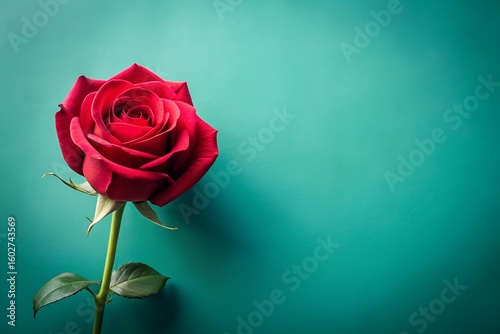 Single red rose on a textured teal background