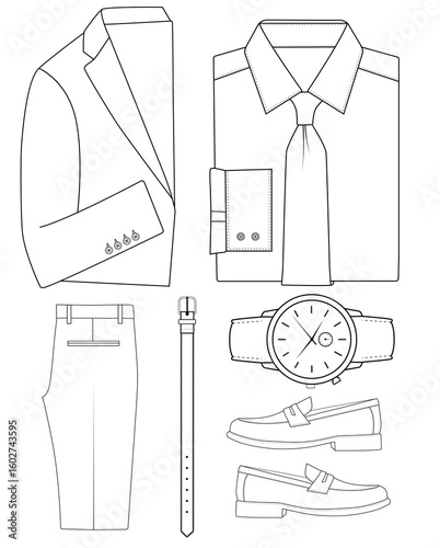 Elegant Male Outfit Collection - Blazer, Loafers, Trousers, and Accessories vector Illustration