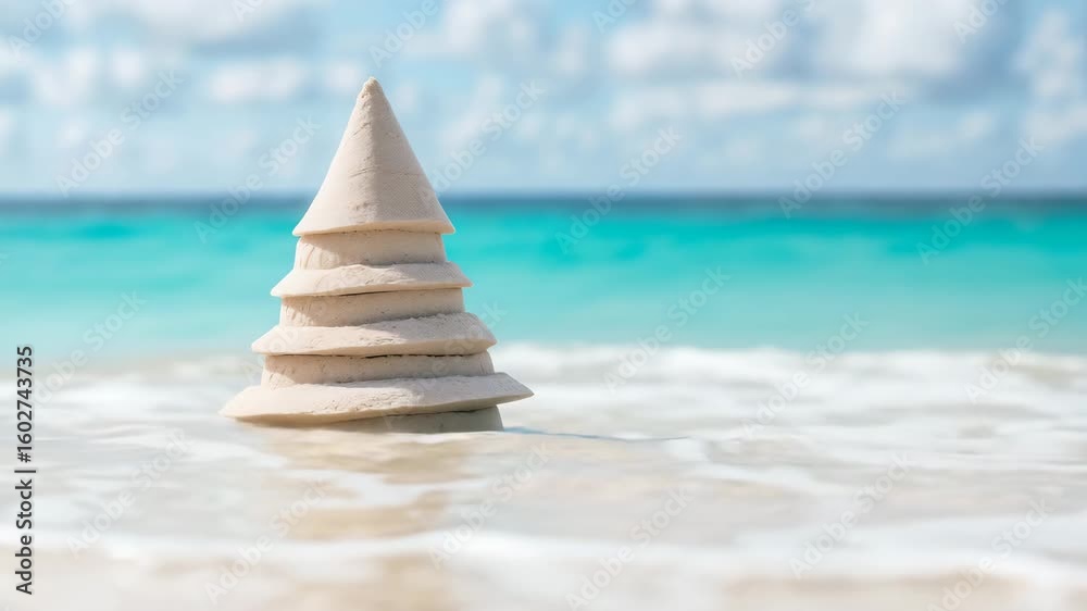 Shell-shaped sand formation with ocean wave washing over it. Ideal for beach vacation, natural wonders, and environmental preservation concepts.