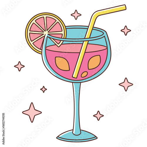 Pink liquid is in blue glass with straw and lemon slice on white