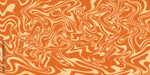 Retro caramel line background. Salted caramel liquid desert texture. Wavy swirl candy pattern for poster, cover, banner, pamphlet. Orange hippie wallpaper in