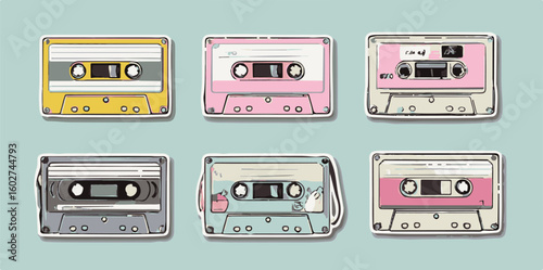 Vector illustration in a playful retro cartoon style shows six colorful cassette tapes with soft pastel shades of yellow, pink, gray, and blue, featuring bold outlines and a vintage vibe.