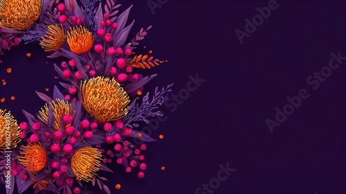 Vibrant floral wreath design on a dark background.