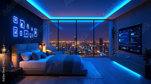 Luxurious hotel room interior featuring smart home interface for personalized control of lighting, temperature, and ambiance, blending comfort and modern automation technology