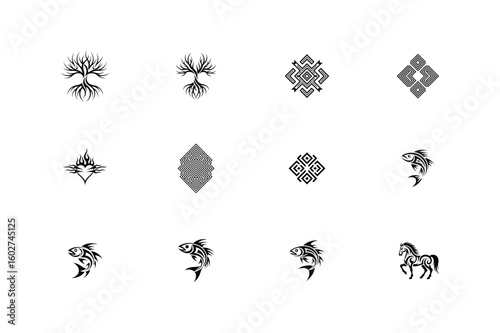 Stylized trees fish horse and geometric tribal emblems roots branches