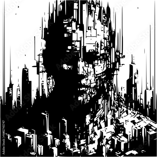 Abstract monochrome portrait with city elements blending into the face and surrounding architecture