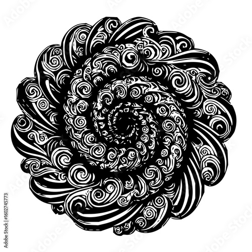 Intricate black and white spiral design with swirling patterns and organic shapes forming a complex motif