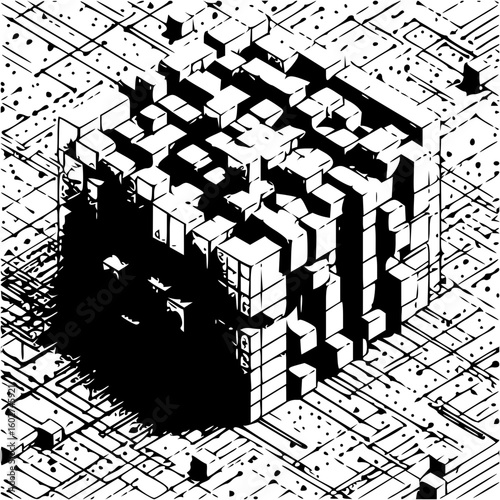 Isometric view of a cube composed of smaller cubes with a splatter effect and grid background design