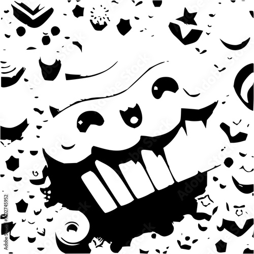 Black and white cartoon cupcake with cute eyes and a toothy grin surrounded by abstract shapes