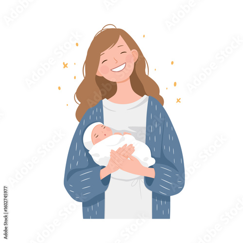 Happy mother holding her newborn baby in arms. Pregnancy and breastfeeding concept. Mom and child. Mother's day, vector illustration in cartoon style. Perfect for parenting and maternity themes.
