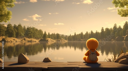 A photo of a 3D character having a quiet moment of joy