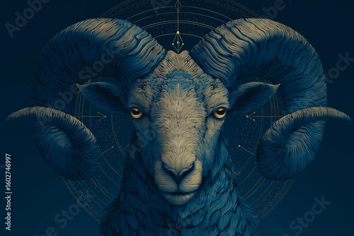 Minimalist Aries representation showcasing a ram with intricate details and a cosmic background enhancing its strength and energy