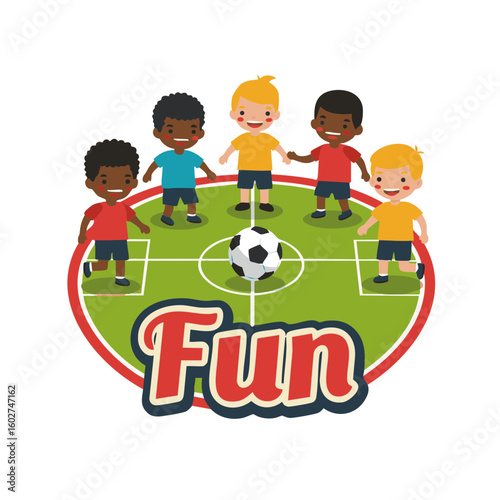 Boys Playing Soccer with Ball and ‘Fun’ Badge Flat Icon